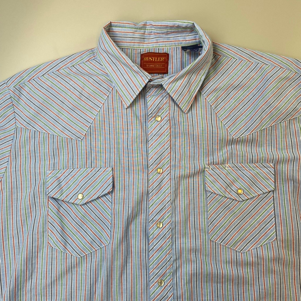 Rustler Shirt Mens XXL Blue Stripe Pearl Snap Cowboy Rockabilly Rodeo Heritage - Picture 4 of 13